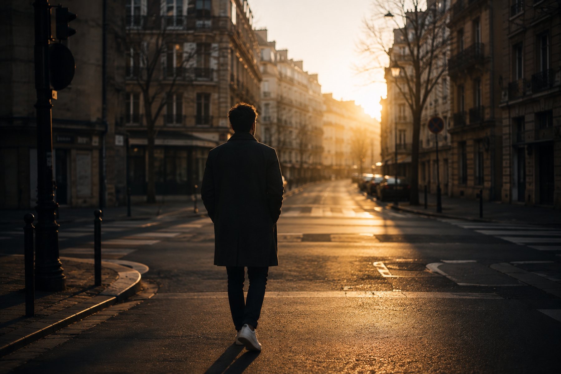 Un homme de dos marche seul dans une rue au lever du soleil, avançant vers la lumière.