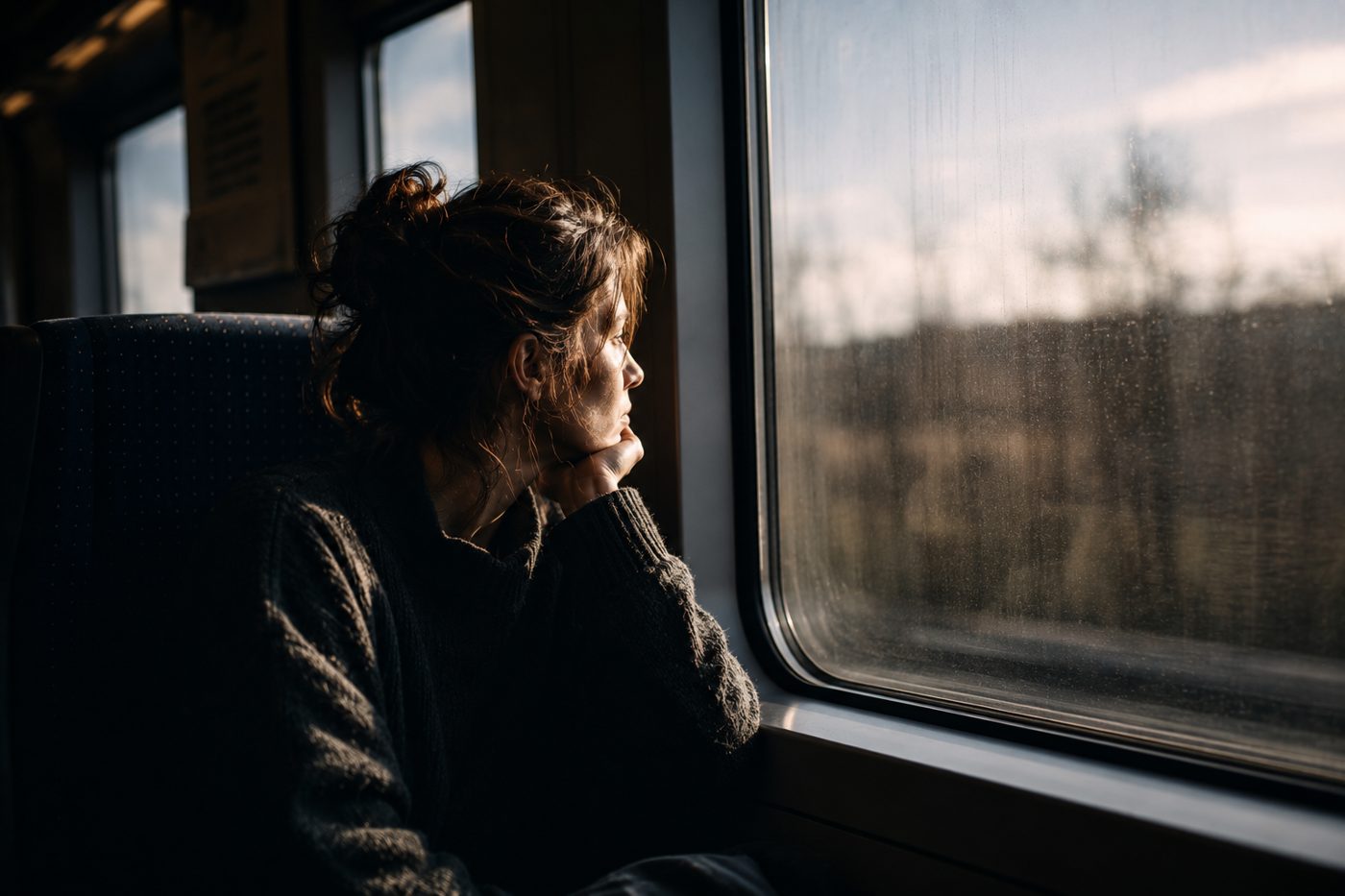 Une personne assise dans un train, regardant pensivement par la fenêtre, lumière dorée de fin de journée.